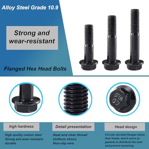 M10 x 80mm 6Pcs Flanged Hex Head Bolts, M10 x 1.5 Bolts, Flange Hexagon Head Screws, 10.9 Grade Alloy Steel, Black Oxide Finish, Metric Machine Threaded, Half Thread - size: M10 x 80mm(6PCS)