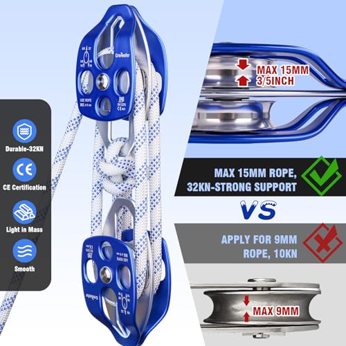 Double Block and Tackle Pulley System with 200Ft x 1/2'' Rope Pulley 7700 LB(35KN) Breaking Strength, 4:1 Lifting Power Sheave Pulley Hoist System for Garage, Attic Heavy Lifting - size: 1/2'' x 200ft