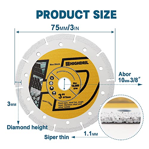 HIGHDRIL Diamond Cutting Wheel 75mm for Metal,Steel Pipe,Rebar,Stainless - size: Metal Cutting Wheel