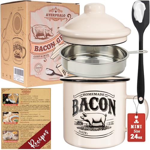 Ayerphalo 24oz Enamel Bacon Grease Container with Strainer, Farmhouse Beige - color: Beige, size: 24oz