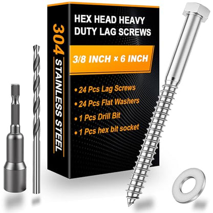 Hex Head Lag Bolts for Wood, Lag Screws 3/8" x 6",24 PCS - size: 3/8" x 6"