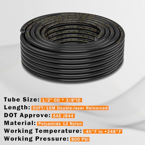CheeMuii 50FT 1/2" DOT Air Line Double Layer 1/2 Air Hose Pneumatic Tubing - size: 1/2"OD-50FT-Double Layer
