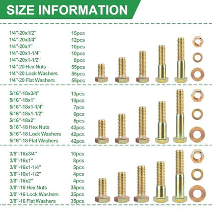 FOLIV 523PCS Grade 8 Bolts and Nuts Assortment Kit, Heavy Duty Nut and Bolt Assortment, 1/4-20 5/16-18 3/8-16 SAE Hex Bolts, Length from 1/2" to 1-1/2" - size: 523PCS 1/4-20 5/16-18 3/8-16