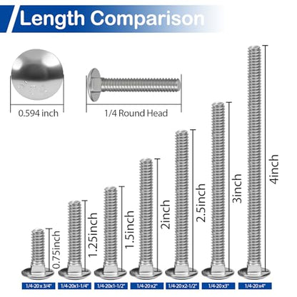 1/4-20 x 1-1/2" Carriage Bolt Kit 20 Sets, 304 Stainless Steel Coach Bolts - size: 1/4-20 x 1-1/2" (20 Sets)