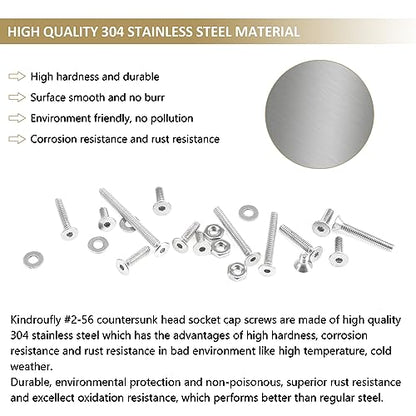 252 Pieces #2-56 x 3/16", 1/4", 5/16", 3/8", 1/2", 5/8", 3/4", 1", Countersunk Head Socket Cap Screws Nuts Washers Assortment Kit, 304 Stainless Steel, Fully Machine Thread - size: #2-56, style: Countersunk Head