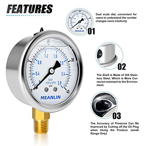 MEANLIN MEASURE 0~40Psi Stainless Steel 1/4" NPT 2.5" FACE DIAL Liquid Filled Pressure Gauge WOG Water Oil Air Lower Mount, with 1/2" NPT and 3/8" NPT Hex Bushing - size: 0-40Psi