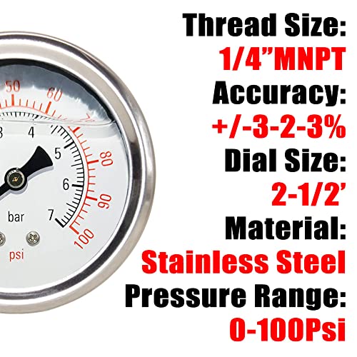 Pressure Gauge 1/4" NPT 0-100Psi Glycerin Filled 2 1/2 inch Dial 304 Stainless Steel Case Center Back Mount - size: 0-100Psi (liquid filled), style: Back Mount-1/4"NPT