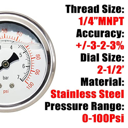 Pressure Gauge 1/4" NPT 0-100Psi Glycerin Filled 2 1/2 inch Dial 304 Stainless Steel Case Center Back Mount - size: 0-100Psi (liquid filled), style: Back Mount-1/4"NPT