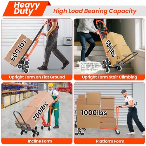 1000LBS Heavy Duty Convertible Hand Truck, 3 in 1 Aluminum Stair Climbing Dolly, Folding Hand Truck Dolly Cart with Solid Wheels for Moving/Travel/Office (Orange) - color: Orange