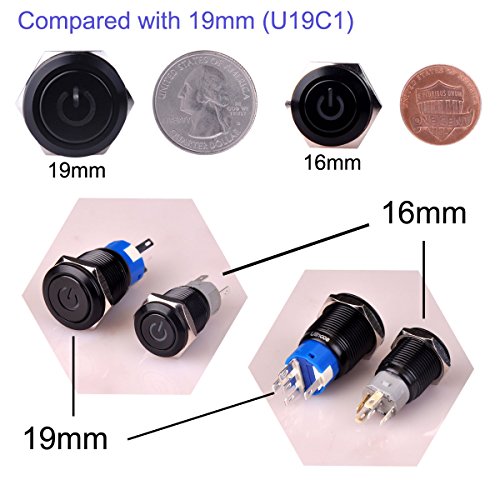 Latching Push Button Switch U16F5 1NO1NC SPDT ON/Off Black Shell with Red Power Symbol LED Suitable for 16mm 5/8" Mounting Hole (Red) - color: Red