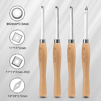 SainSmart 4 PCS Carbide Wood Lathe Turning Tool Set, Diamond, Round, and Square Replaceable Carbide Inserts, Ergonomic Wood Handle, for Turning Pens or Projects, One Wooden Storage Case