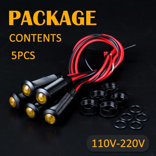 5pcs 8mm LED Indicator Light Plastic Black Signal Dot Lamp 110-220VAC 5/16" Mounting Hole Size with 15cm/5.9in. Wire (Yellow LED) - color: Yellow, size: 8mm 110-220V