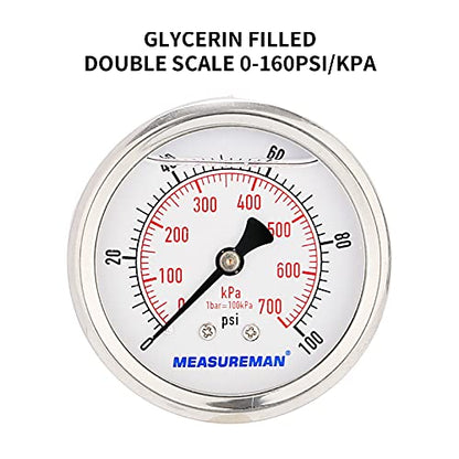 MEASUREMAN 2-1/2inch Dial Size, Glycerin Filled Pressure Gauge, 0-100psi/kpa, 304 Stainless Steel Case, 1/4 Inch NPT Center Back Mount - size: 0-100 psi, style: Back Mount