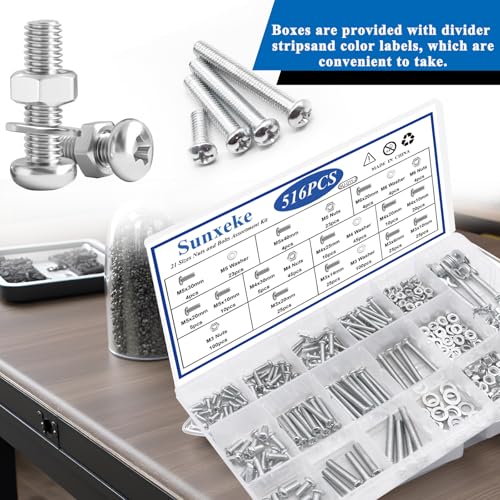 516Pcs Nuts and Bolts Assortment Kit, Phillips Pan Head, Silver - color: 516pcs-Silver
