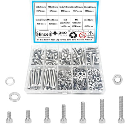 M4 Bolts,Hincell 350pcs M4 Hex Socket Head Cap Screws Bolts Washers Nuts Kit,304 Stainless Steel(M3 x 6mm /8mm /12mm /16mm /20mm /25mm /30mm) - size: M4, style: Socket Head Screws