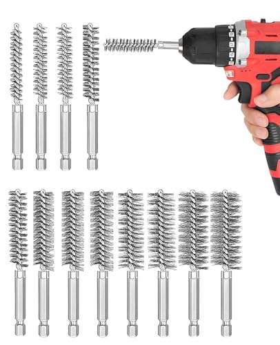 12PCS Wire Bore Brush Set for Drill, 1/4" Hexshank Stainless Steel Round Bore Brushes, 12 Size (0.32-0.75")