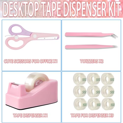 XEUZK Desktop Tape Dispenser Kits with Weighted Nonskid Base Tape Dispenser- Includes 9 Rolls of Transparent Tape(0.71 Inch x 500 inches Each) & Pink Scissors, 2 Pcs Tweezers (Pink) - color: Pink