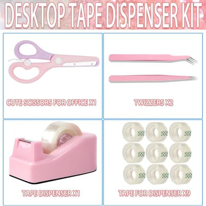 XEUZK Desktop Tape Dispenser Kits with Weighted Nonskid Base Tape Dispenser- Includes 9 Rolls of Transparent Tape(0.71 Inch x 500 inches Each) & Pink Scissors, 2 Pcs Tweezers (Pink) - color: Pink