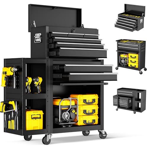 8-Drawer Rolling Tool Chest with Wheels, Lockable 3-in-1 Tool Box, Detachable Top Toolbox & Bottom Storage Cart with Side Hooks, Heavy Duty Steel Tool Cabinet for Garage, Workshop, Warehouse - color: Black, size: 8-Drawers