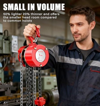1 Ton Chain Hoist, 2200 lbs Capacity Manual Chain Block with 10 FT Lift, G80 Steel Chain, Dual Brake System & Safety Hooks, Compact Low Headroom Hoist for Garage, Warehouse,Construction Sites - color: Red, size: 1Ton 10FT