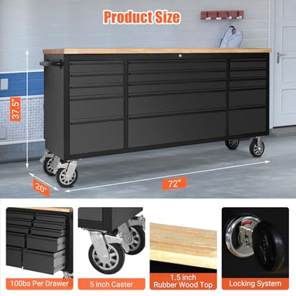 72" Heavy-Duty Rolling Tool Chest & Garage Workbench with 15 Drawers, Steel Cabinet, Rubber Wood Top, Key Locking System, Drawer Liners, On Wheels for Warehouse Repair Shop, Black - size: 72 Inch Black