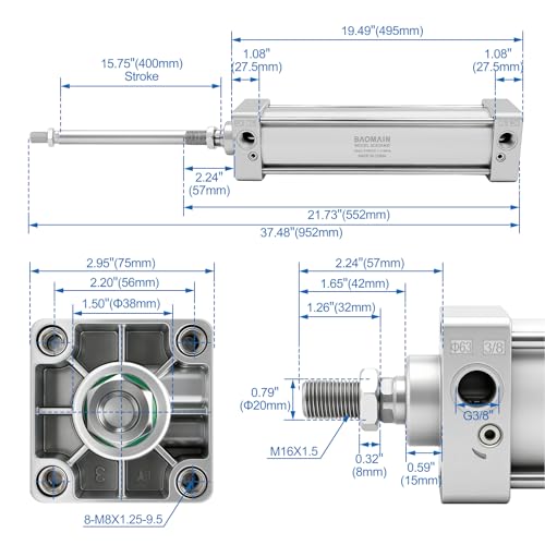 BAOMAIN SC63x400 Double Acting Pneumatic Cylinder, 2.5" Bore, 15.75" Stroke