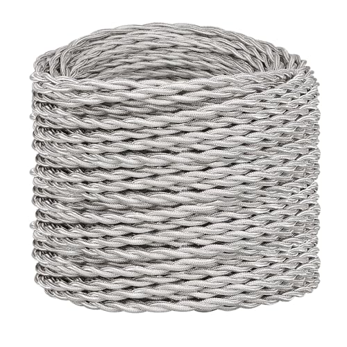 Helunsi 32.8 ft Twisted Cloth Covered Wire, 18/2 Silver Vintage Lamp Cord - color: Silver