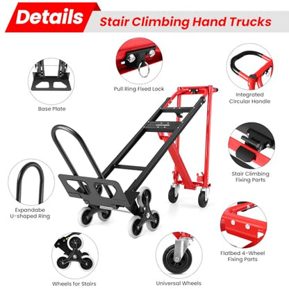 Heavy Duty 1000LBS Stair Climbing Dolly, 3 in 1 Convertible Hand Truck, Folding Hand Truck Dolly Cart with Solid Wheels for Moving/Travel/Office (Red) - color: Red