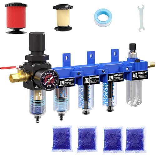 NEWPO 1/4" NPT 5-Stage Air Filter Regulator Lubricator Combo, Compressed Air System with Filtration,Desiccant Dryers,Water/Oil Trap Separator,Semi-Auto Drain, Metal Bracket - color: 2 Filter+2 Dryer, size: 1/4" NPT
