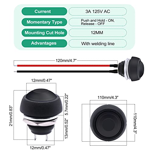 Twidec/2Pcs 12mm 1/2" Mounting Hole On Off Mini Round Waterproof Momentary Push Button Switch Black with Pre-soldered Wires PBS-33B-BK-X-2PCS - color: Black-12mm-2PCS, size: Momentary