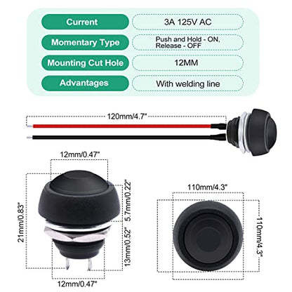 Twidec/10Pcs 12mm Momentary Push Button Switch 1/2" Mounting Hole On Off Mini Round Waterproof 5 Color with Pre-soldered Wires PBS-33B-5C-X-2 - color: multicoloured-12mm, size: Momentary