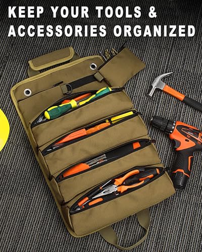 Heavy Duty Roll Up Tool Bag Organizer w/Detachable Pouches, Gifts for Men - color: Green