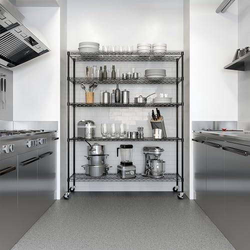 UltraDurable 5-Tier NSF Steel Wire Shelving, 60"W x 18"D x 75"H, Black - color: Black, size: 5-Tier Shelving, 60" W x 18" D