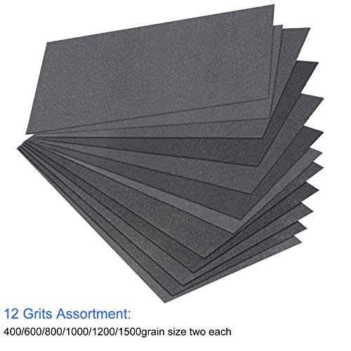 12 Sheets Abrasive Dry Wet Waterproof Sandpaper Sheets Assorted Grit of 400/600/ 800/1000/ 1200/1500 for Automotive Polishing Metal Sanding Wood Furniture Finishing, 2.8 x 4.5 Inch
