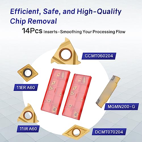 Indexable Lathe Turning Tool 21Pcs Kit 1/2'' 12mm Shank 7 Pcs Metal Lathe Tool Holder Set with 14 Pcs Turning Inserts for Turning Grooving Threading Boring Carbide Inserts Carbide Turning Tool - style: 7pcs 1/2" 12mm holder+14pcs inserts