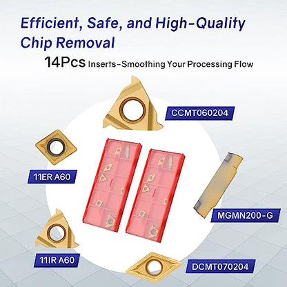 Indexable Lathe Turning Tool 21Pcs Kit 1/2'' 12mm Shank 7 Pcs Metal Lathe Tool Holder Set with 14 Pcs Turning Inserts for Turning Grooving Threading Boring Carbide Inserts Carbide Turning Tool - style: 7pcs 1/2" 12mm holder+14pcs inserts