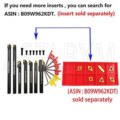 7PCS 3/8" Shank Indexable Carbide Lathe Turning Tool Holder Set Cutting Tools for Turning Grooving Threading Boring Bar with Carbide Turning Insert MGMN150-G CCMT21.51 DCMT21.51 11ER 11IR