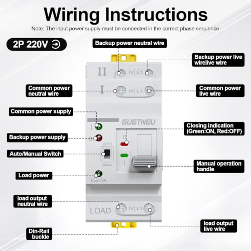 ATS Dual Power Automatic Transfer Switch, 2P 63A 220V Manual Switch - size: 2P