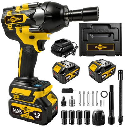 Cordless Impact Wrench 1/2, 850Nm Max Torque Brushless Motor, 2x 4000mAh Batteries & Fast Charger, Heavy Duty Electric Impact Gun for Auto Repair & Home Maintenance