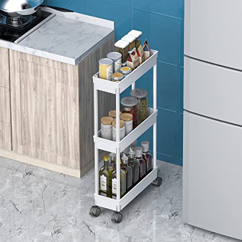 Sooyee Slim 3 Tier Rolling Cart with Wheels, Storage Cart,White - color: White, size: Slim 3 Tier