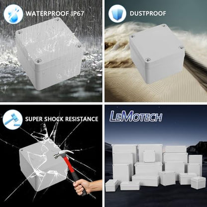 LeMotech IP67 Waterproof Junction Box ABS Plastic Project Box Dustproof Electrical Box Outdoor Enclosure for Electronics DIY Case Gray 3.9X 3.9X 3 inch (100x 100x 75 mm) - size: 3.9" x 3.9" x 3" (1pc)