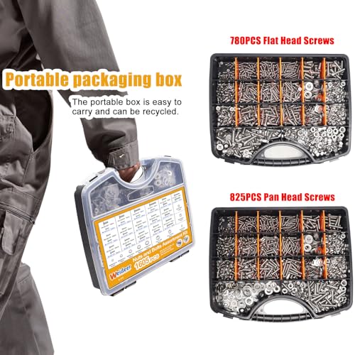 weideer 1605PCS Machine Screws Assortment Kit, 304 Stainless Steel Nuts and Bolts,Phillips Pan Head and Flat Head Screws with Nuts, Bolts,Washers,Organizer Box #4-40#6-32#8-32#10-24#1/4-20 - color: Silver, size: 1605 pcs (#4-40, #6-32, #8-32, #10-24, #1/4