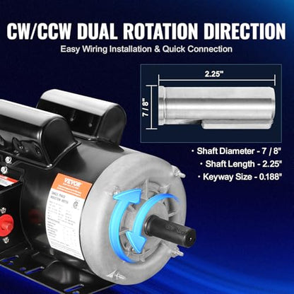 VEVOR 2HP Electric Motor 1725 RPM, AC 115V/230V, 143/5T Frame, Air Compressor Motor Single Phase, 7/8" Keyed Shaft, CW/CCW Rotation for Agricultural Machinery and General Equipment - size: 143/5T Frame