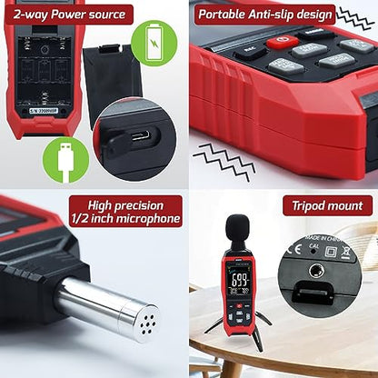 Sound Level Meter Data Logger Decibel Meter with Record Function, Portable Noise Meter 30~130dB Sound Meter A/C/Z Weighting Noise Testing with Audible Visual&Alarm, Temperatue, Analog Bar Indicator