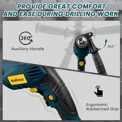 Enventor Hammer Drill with 9 Bits, Variable Speed, 900W, 1/2 in Chuck, Blue