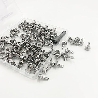 QSJ 110Pcs #10 x 1/2'' Sheet Metal Screws 410 Stainless Steel Hex Washer Head Fast Self Tapping Screws with Screwdriver Bit Silver - size: #10 x 1/2''