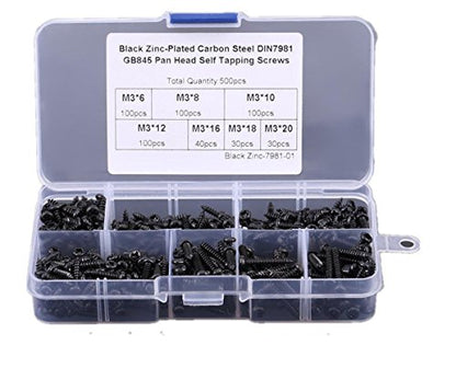 500pcs M3/3MM Diameter Phillips Pan Head Screws Self Tapping Drilling Screws Assortment Kit Carbon Steel 6mm 8mm 10mm 12mm 16mm 18mm 20mm Length