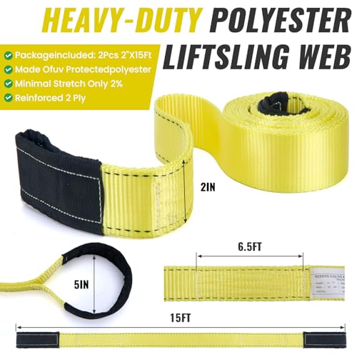 15' x 2" Heavy Duty Rigging Lifting Straps, Nylon Webbing Tow Sling, 2-Pack