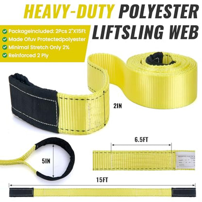 15' x 2" Heavy Duty Rigging Lifting Straps, Nylon Webbing Tow Sling, 2-Pack