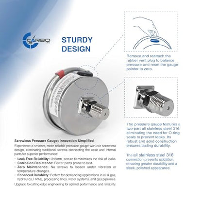 Carbo 400 PSI Liquid Filled Pressure Gauge with NIST Traceable Certificate, Calibrated in USA Lab, 2.5" Dial, 1/4 NPT Back Mount, ASME Grade A, 316 SS Case, 316 SS Wetted Parts, PSI/Bar - size: 0-400 PSI, style: NIST TRACEABLE